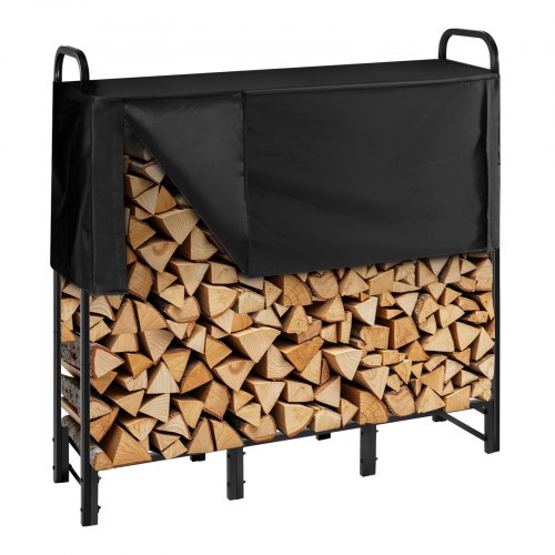 Firewood Rack with Waterproof Cover, 1.22m Outdoor Firewood Holder, 1/4 Cord Storage Metal Log Holder, 400lb Max Weight Capacity, Top Covered, Powder-Coated Wood Storage Rack for Fireplace Deck