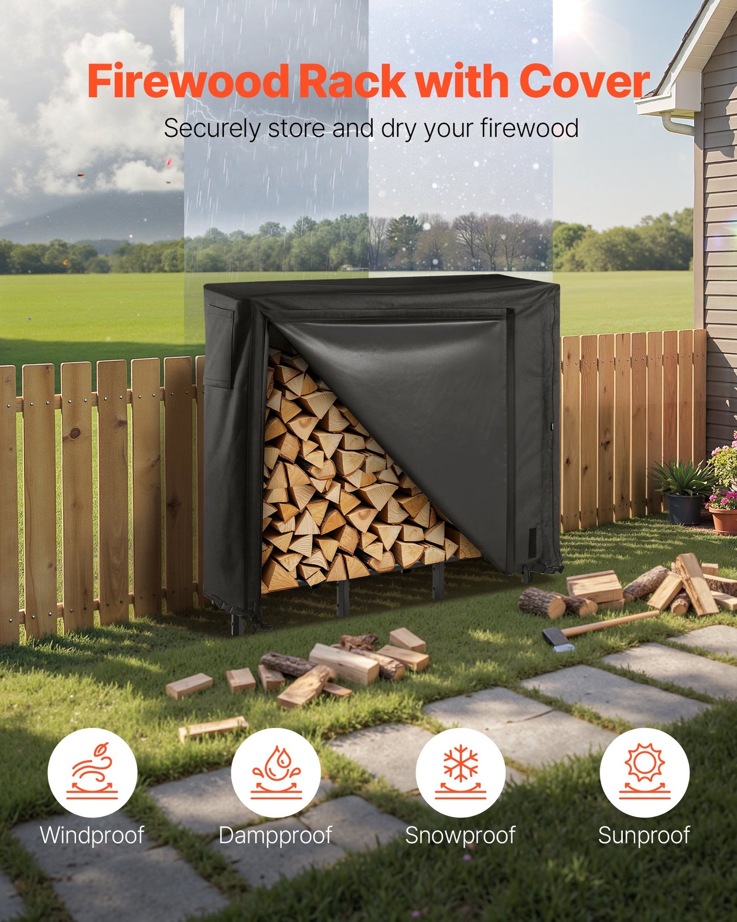 Firewood Rack with Waterproof Cover, 1.22m Outdoor Firewood Holder, 1/4 Cord Storage Metal Log Holder, 400lb Max Weight Capacity, Full Covered, Powder-Coated Wood Storage Rack for Fireplace Deck