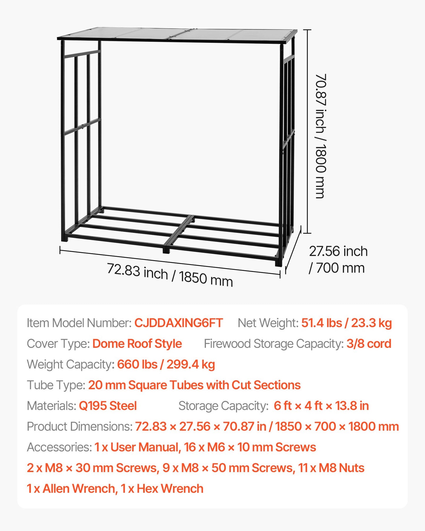 Vedställ med sluttande tak, 1,85 m utomhusvedhållare, vedskjul med 1/4-snöre, maxvikt 299 kg, pulverlackerat metallvedställ för öppen spis, altan, trädgård