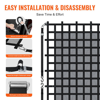 Lastnät, 120 x 105 tum, Kraftigt lastbilslastnät för lastbilsflak, 4 justerbara remmar med karbinhakar och S-krokar, Slitstarkt och väderbeständigt, Lämpligt för pickup, lastbil, jeep, SUV, båt