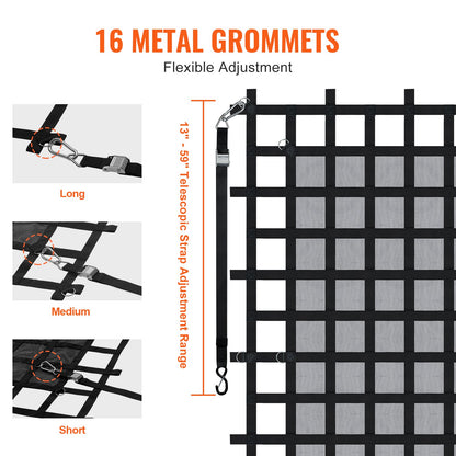 Lastnät, 237 x 217 cm, Kraftigt lastbilslastnät för lastbilsflak, 4 justerbara remmar med karbinhakar och S-krokar, Slitstarkt och väderbeständigt, Lämpligt för pickup, lastbil, jeep, SUV, båt