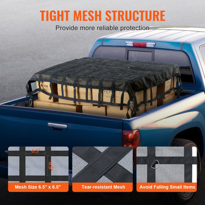 Lastnät, 237 x 217 cm, Kraftigt lastbilslastnät för lastbilsflak, 4 justerbara remmar med karbinhakar och S-krokar, Slitstarkt och väderbeständigt, Lämpligt för pickup, lastbil, jeep, SUV, båt