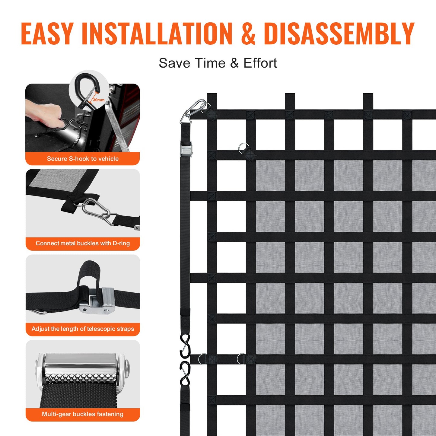 Lastnät, 237 x 217 cm, Kraftigt lastbilslastnät för lastbilsflak, 4 justerbara remmar med karbinhakar och S-krokar, Slitstarkt och väderbeständigt, Lämpligt för pickup, lastbil, jeep, SUV, båt