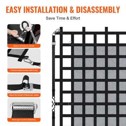 Lastnät, 237 x 217 cm, Kraftigt lastbilslastnät för lastbilsflak, 4 justerbara remmar med karbinhakar och S-krokar, Slitstarkt och väderbeständigt, Lämpligt för pickup, lastbil, jeep, SUV, båt