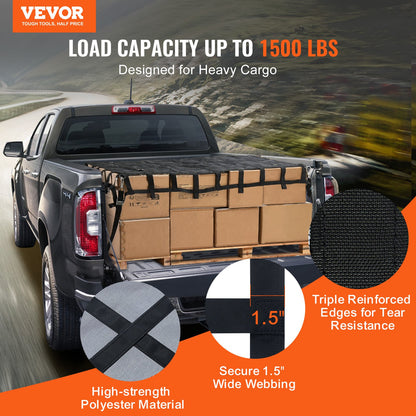Cargo Net, 72 in x 57 in, Heavy Duty Truck Cargo Net for Truck Bed, 4 Adjustable Straps with Carabiners & S-Hooks, Wear-resistant & Weather-proof, Suitable for Pickup, Truck, Jeep, SUV, Boat
