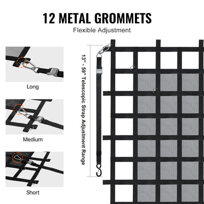 Cargo Net, 72 in x 57 in, Heavy Duty Truck Cargo Net for Truck Bed, 4 Adjustable Straps with Carabiners & S-Hooks, Wear-resistant & Weather-proof, Suitable for Pickup, Truck, Jeep, SUV, Boat