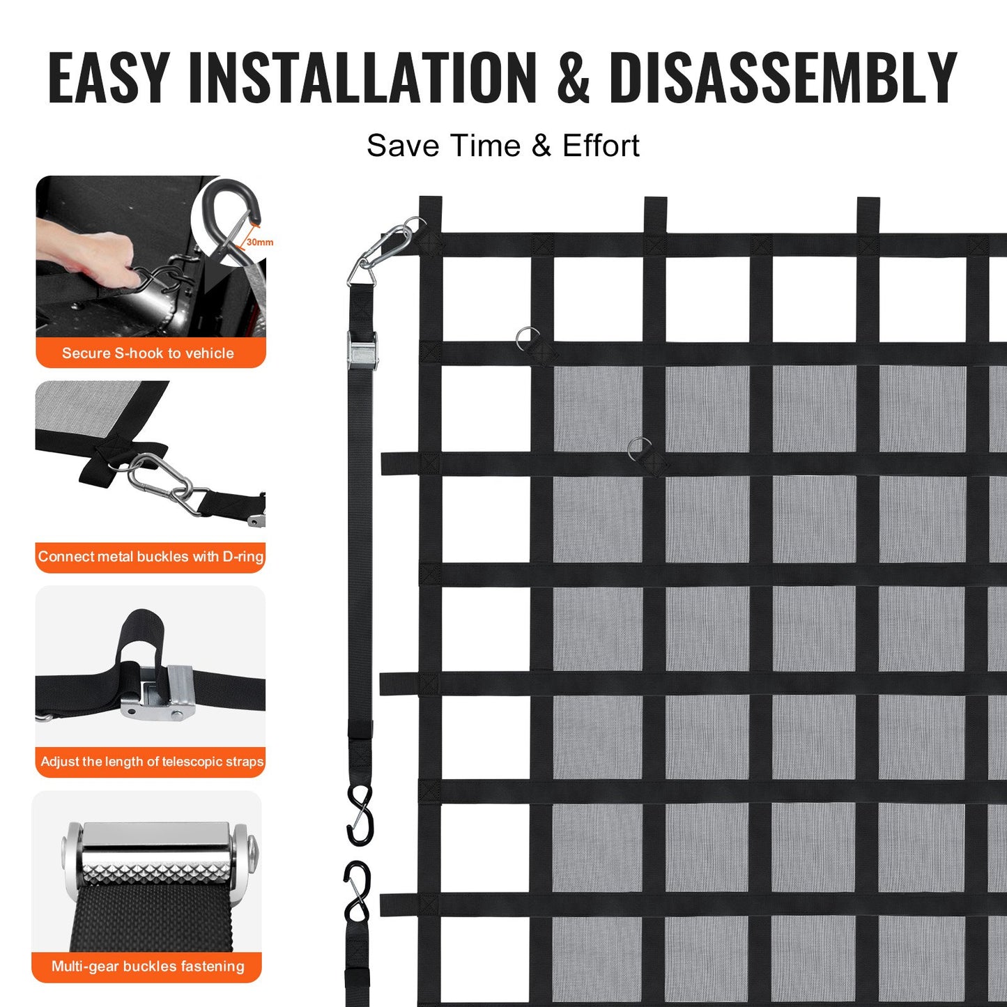 Cargo Net, 72 in x 57 in, Heavy Duty Truck Cargo Net for Truck Bed, 4 Adjustable Straps with Carabiners & S-Hooks, Wear-resistant & Weather-proof, Suitable for Pickup, Truck, Jeep, SUV, Boat