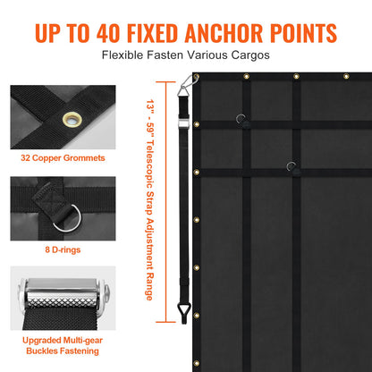 Cargo Net, 72 in x 57 in, Heavy Duty Truck Cargo Net for Truck Bed, 4 Adjustable Straps with Carabiners and Rubber Coated Hooks, Durable, Suitable for Pickup, Jeep, Truck, SUV, Boat (Black)