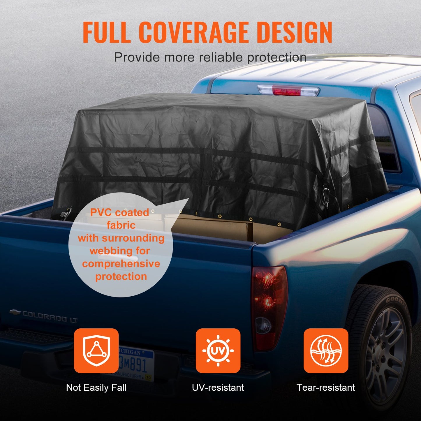 Lastnät, 120 x 105 tum, Kraftigt lastbilslastnät för lastbilsflak, 4 justerbara remmar med karbinhakar och gummiklädda krokar, slitstarkt, lämpligt för pickup, jeep, lastbil, SUV, båt (svart)