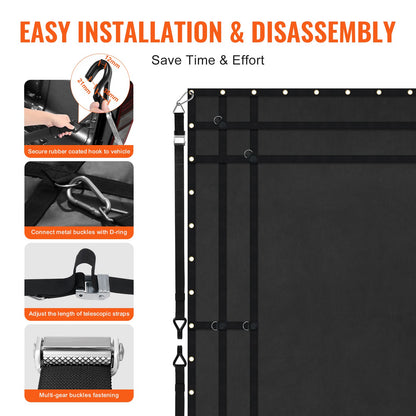 Lastnät, 120 x 105 tum, Kraftigt lastbilslastnät för lastbilsflak, 4 justerbara remmar med karbinhakar och gummiklädda krokar, slitstarkt, lämpligt för pickup, jeep, lastbil, SUV, båt (svart)