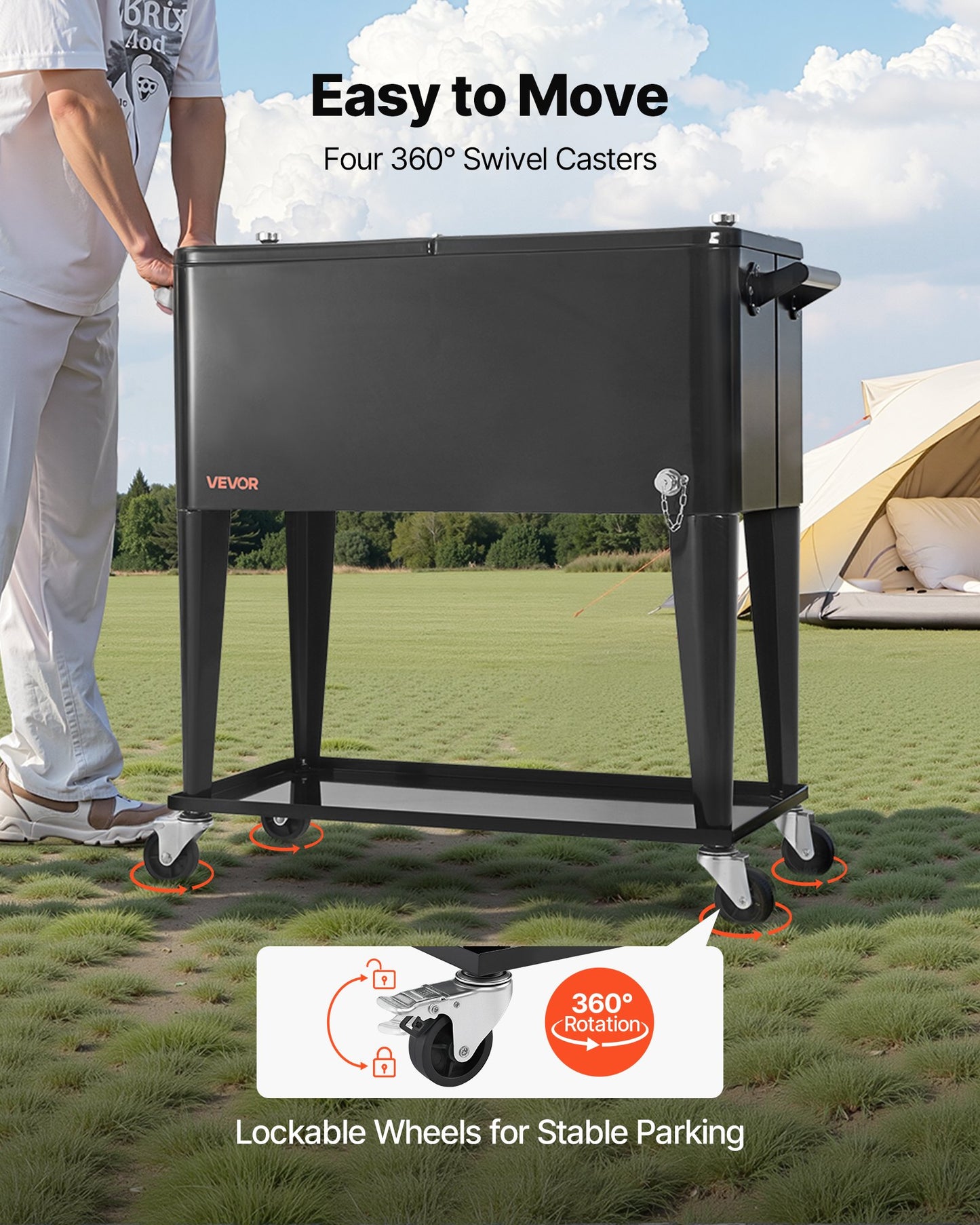 75,71 l rullande kylbox, rymmer upp till 50 flaskor / 110 burkar, bärbar kylvagn för uteplats, partybar med bottenhylla, dryckespool med sidokorg och flasköppnare, svart