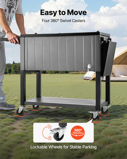 75.7L Rolling Ice Chest, Hold up to 50 Bottles / 110 Cans, Portable Patio Party Bar Drink Cooler Cart with Bottom Shelf & Foldable Side Shelves, Beverage Pool with Swivel Wheels & Bottle Opener