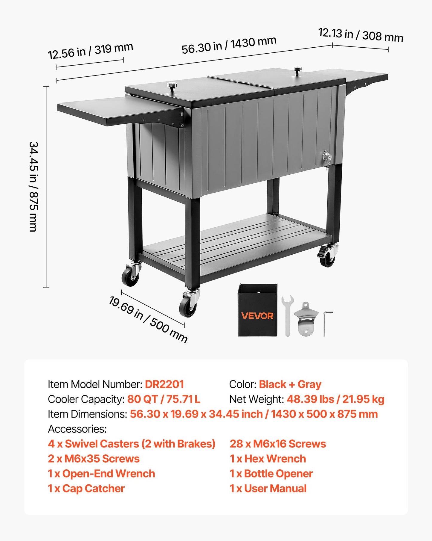 75.7L Rolling Ice Chest, Hold up to 50 Bottles / 110 Cans, Portable Patio Party Bar Drink Cooler Cart with Bottom Shelf & Foldable Side Shelves, Beverage Pool with Swivel Wheels & Bottle Opener