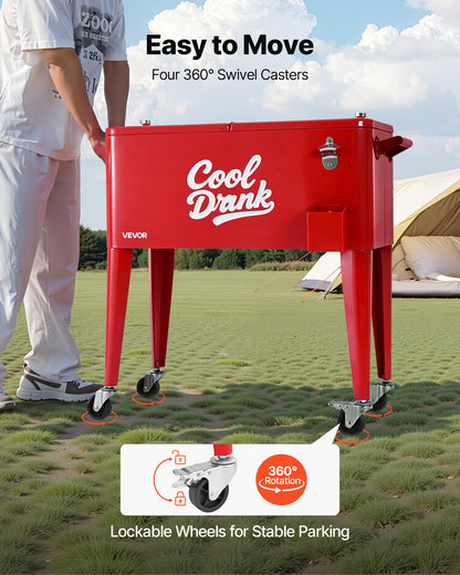 75,71 l rullande kylbox, rymmer upp till 50 flaskor / 110 burkar, bärbar kylvagn för uteplats, fest och bar med 4 svängbara hjul (2 med bromsar), kylvagn för dryck med flasköppnare, röd