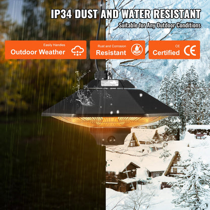 Hängande terrassvärmare, 2000W fjärrkontroll utomhus/inomhus elektrisk infraröd värmare, IP34-skyddad takvärmare med dragsnöre och justerbar kedja, för veranda, uteplats, matsal, studio