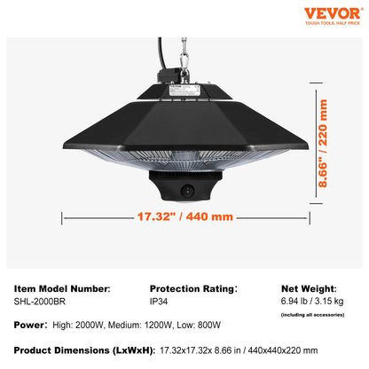Hängande terrassvärmare, 2000W fjärrkontroll utomhus/inomhus elektrisk infraröd värmare, IP34-skyddad takvärmare med dragsnöre och justerbar kedja, för veranda, uteplats, matsal, studio