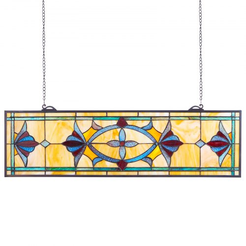 Stained Glass Window Panel, 813 x 250 mm, Tiffany Style Hanging Transom Window Panel with Chain, Large Horizontal Rectangle Stain Glass, Vintage Traditional Art Handcrafts for Kitchen Home Decor