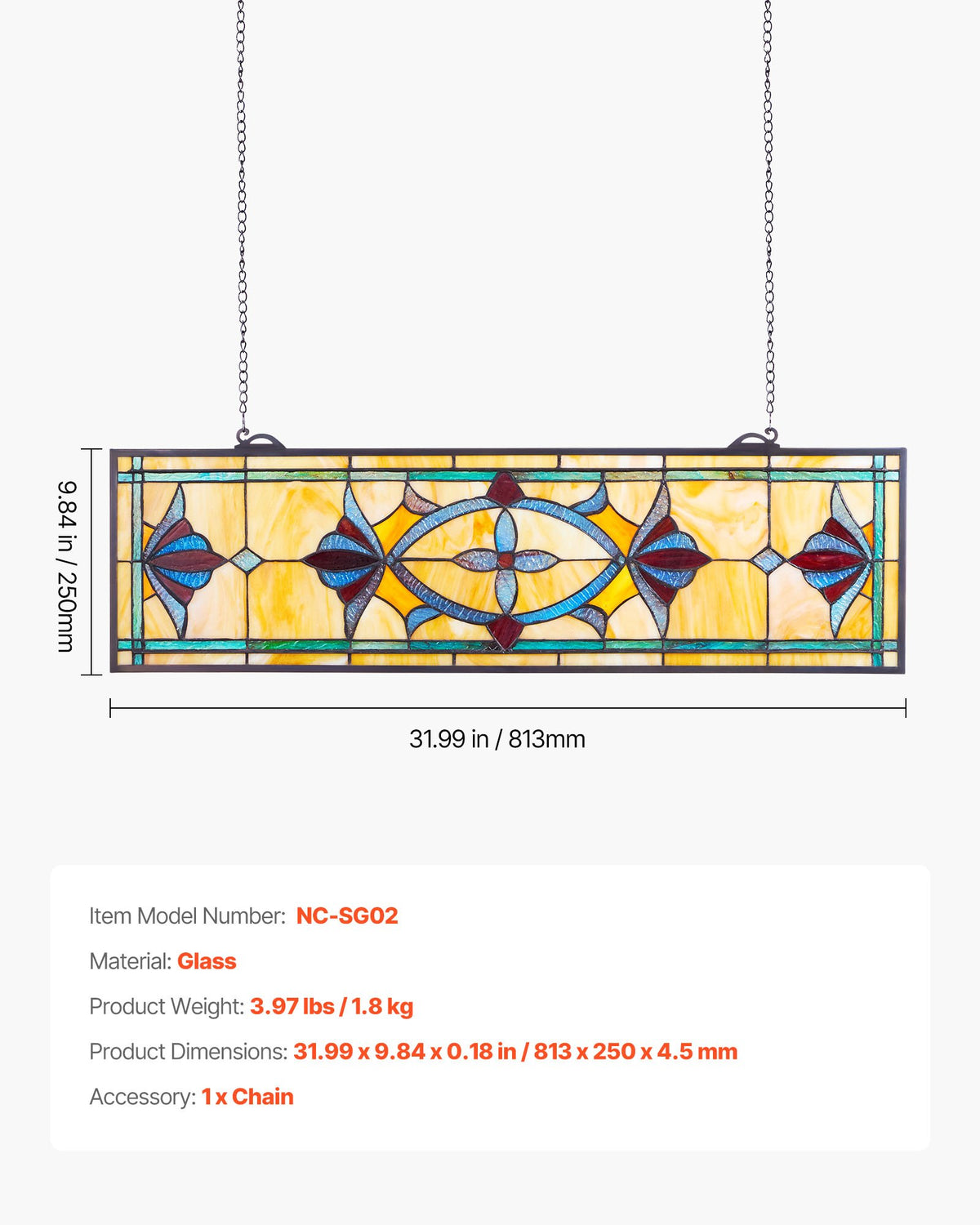 Fönsterpanel i målat glas, 813 x 250 mm, hängande överljuspanel i Tiffany-stil med kedja, stor horisontell rektangulär glaspanel i färgat glas, traditionellt konsthantverk för köksinredning