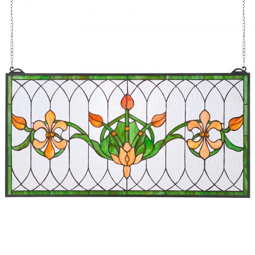 Fönsterpanel i målat glas, 810 x 433 mm, hängande överljuspanel i Tiffany-stil med kedja, stor horisontell rektangulär glaspanel i färgat glas, traditionellt konsthantverk för köksinredning