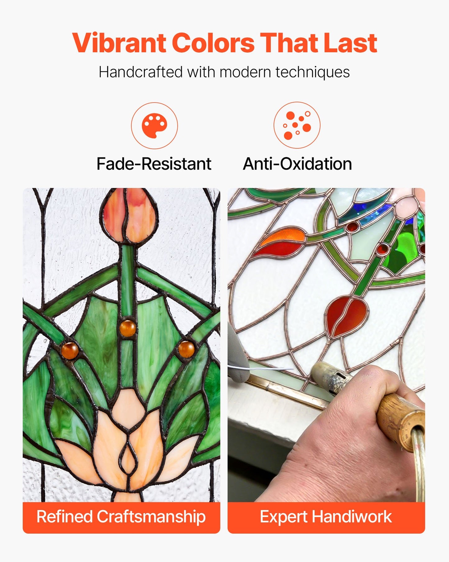 Fönsterpanel i målat glas, 810 x 433 mm, hängande överljuspanel i Tiffany-stil med kedja, stor horisontell rektangulär glaspanel i färgat glas, traditionellt konsthantverk för köksinredning