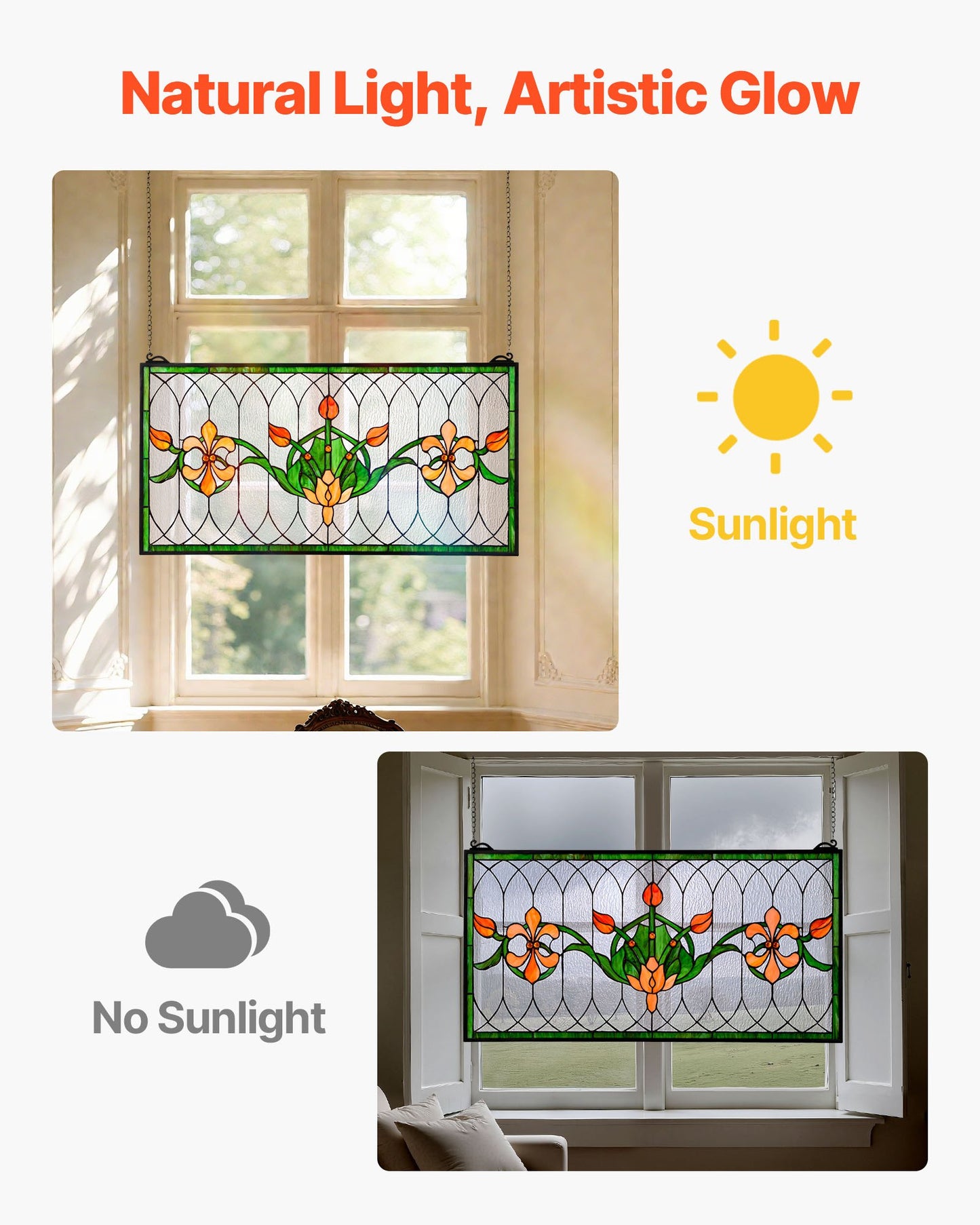 Fönsterpanel i målat glas, 810 x 433 mm, hängande överljuspanel i Tiffany-stil med kedja, stor horisontell rektangulär glaspanel i färgat glas, traditionellt konsthantverk för köksinredning