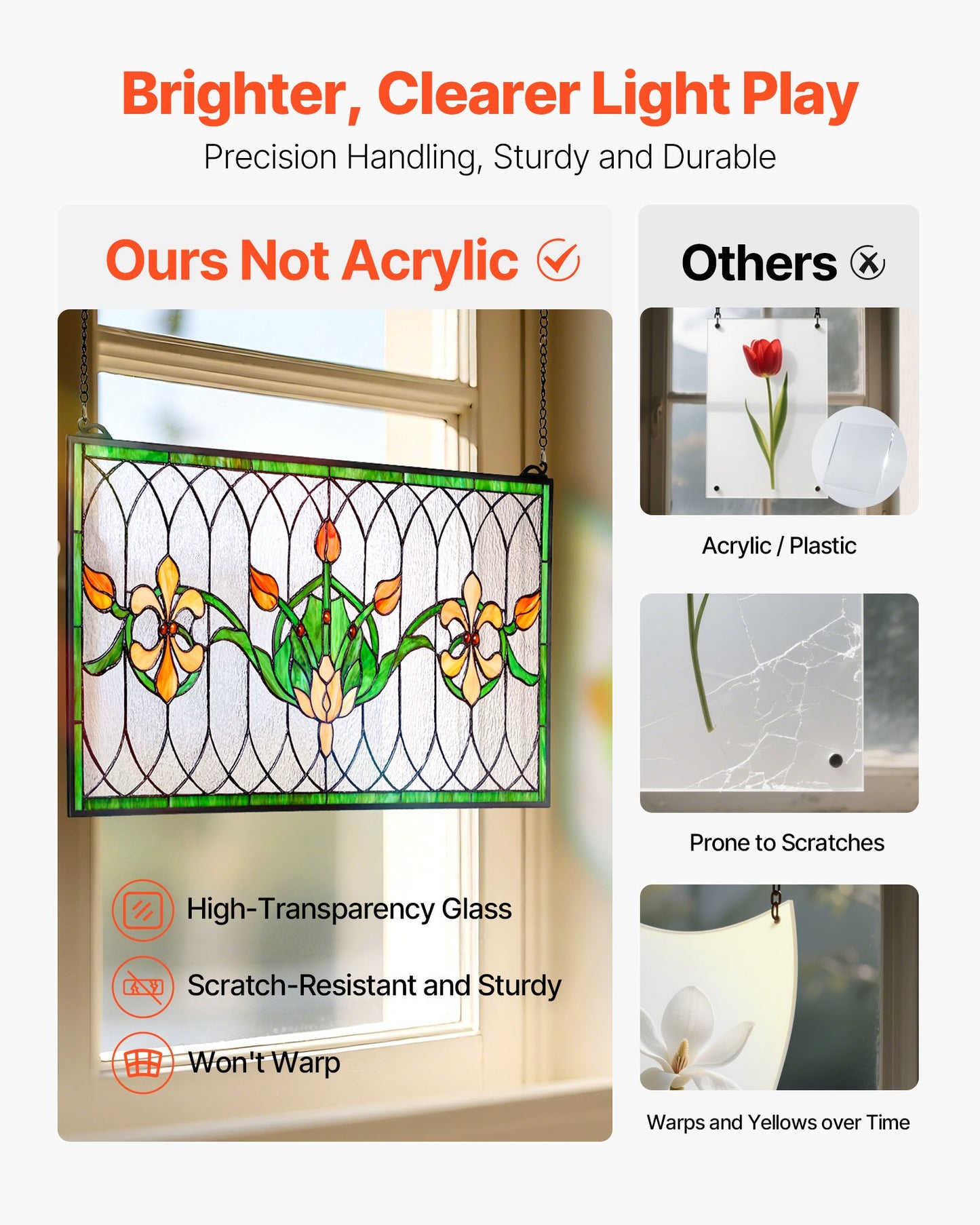 Fönsterpanel i målat glas, 810 x 433 mm, hängande överljuspanel i Tiffany-stil med kedja, stor horisontell rektangulär glaspanel i färgat glas, traditionellt konsthantverk för köksinredning