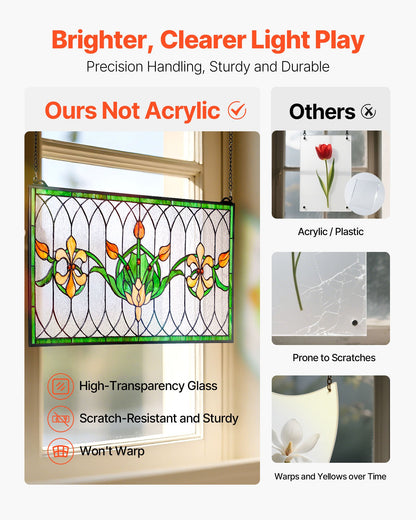 Fönsterpanel i målat glas, 810 x 433 mm, hängande överljuspanel i Tiffany-stil med kedja, stor horisontell rektangulär glaspanel i färgat glas, traditionellt konsthantverk för köksinredning