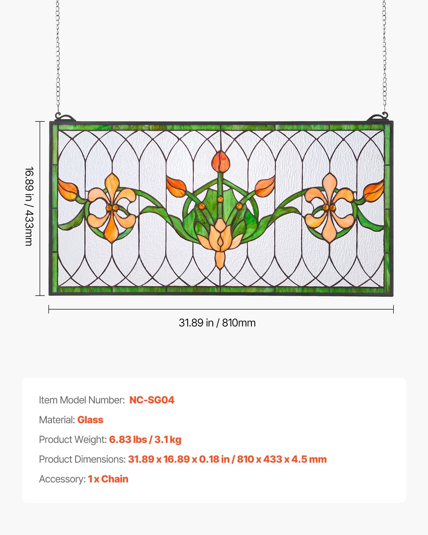 Fönsterpanel i målat glas, 810 x 433 mm, hängande överljuspanel i Tiffany-stil med kedja, stor horisontell rektangulär glaspanel i färgat glas, traditionellt konsthantverk för köksinredning