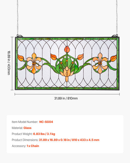 Fönsterpanel i målat glas, 810 x 433 mm, hängande överljuspanel i Tiffany-stil med kedja, stor horisontell rektangulär glaspanel i färgat glas, traditionellt konsthantverk för köksinredning