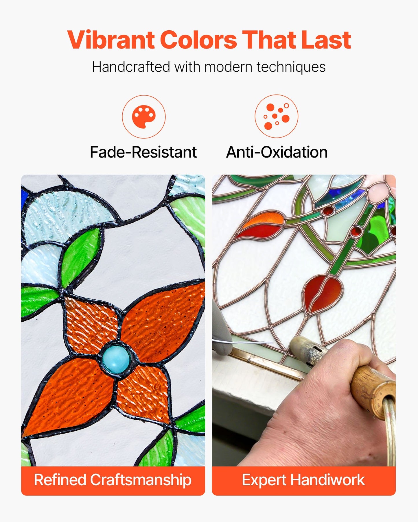 Fönsterpanel i målat glas, 664 x 402 mm, hängande överljuspanel i Tiffany-stil med kedja, stor horisontell rektangulär glaspanel i färgat glas, traditionellt konsthantverk för köksinredning