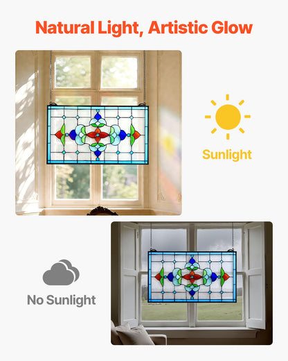 Fönsterpanel i målat glas, 664 x 402 mm, hängande överljuspanel i Tiffany-stil med kedja, stor horisontell rektangulär glaspanel i färgat glas, traditionellt konsthantverk för köksinredning