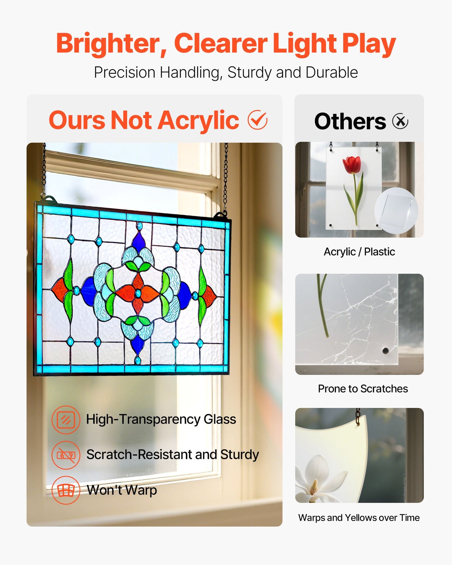 Fönsterpanel i målat glas, 664 x 402 mm, hängande överljuspanel i Tiffany-stil med kedja, stor horisontell rektangulär glaspanel i färgat glas, traditionellt konsthantverk för köksinredning