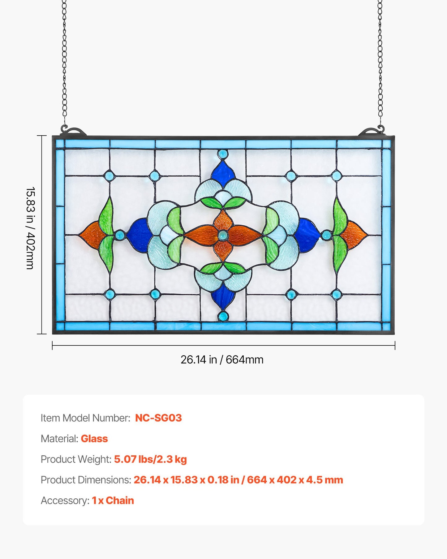Fönsterpanel i målat glas, 664 x 402 mm, hängande överljuspanel i Tiffany-stil med kedja, stor horisontell rektangulär glaspanel i färgat glas, traditionellt konsthantverk för köksinredning
