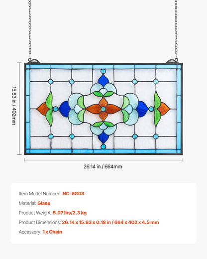 Fönsterpanel i målat glas, 664 x 402 mm, hängande överljuspanel i Tiffany-stil med kedja, stor horisontell rektangulär glaspanel i färgat glas, traditionellt konsthantverk för köksinredning