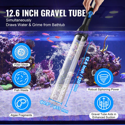 Aquarium Vacuum Gravel Cleaner, 25 ft PVC Hose Fish Tank Vacuum Gravel Cleaner, Siphon Fish Tank Cleaner Vacuum, 3 Types of Brass Adapters, for Fish Tank Cleaning Gravel & Sand
