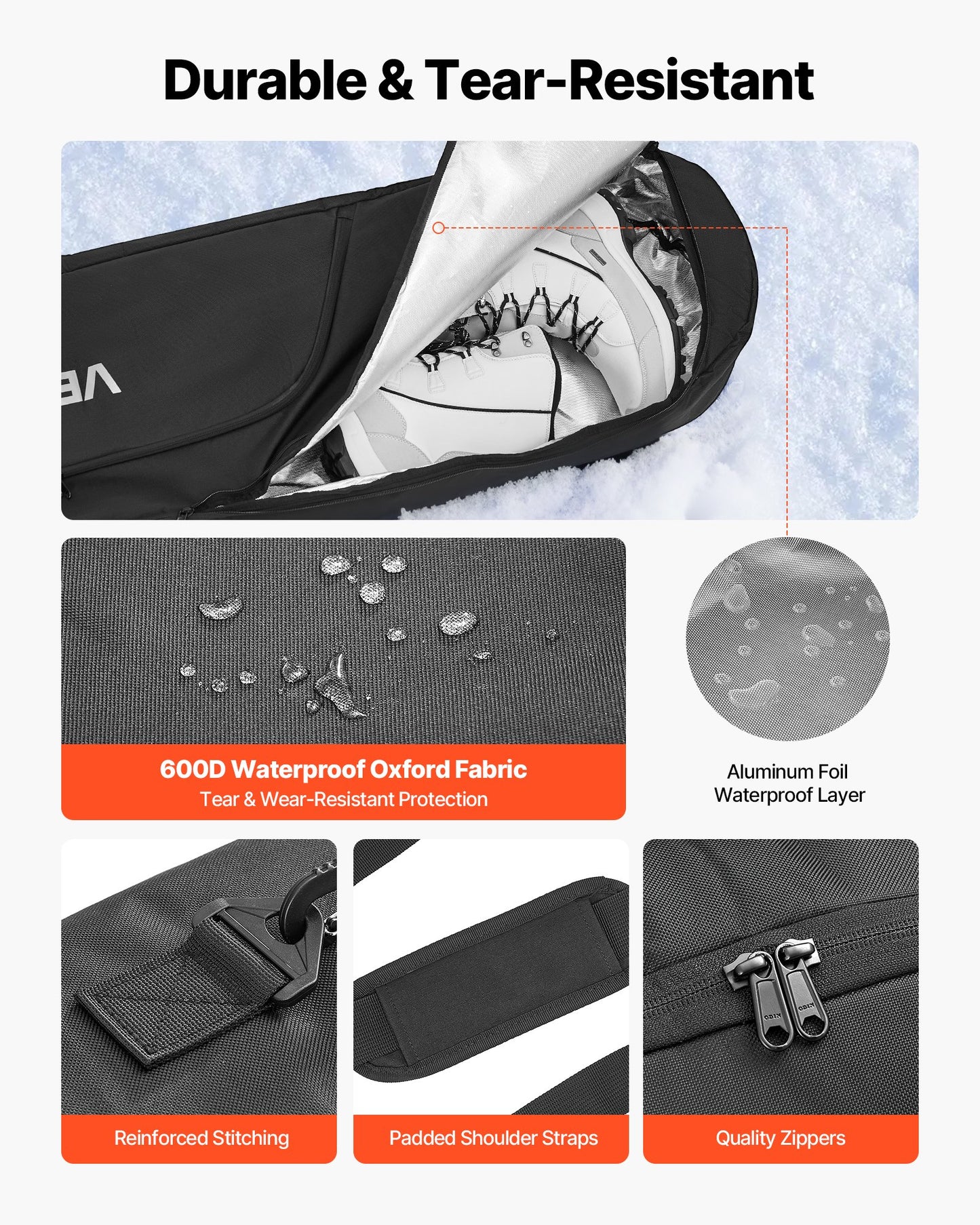 Snowboard Bag, Up to 65 in/165 cm, Padded Skis & Snowboards Bag for Air Travel, 600D Waterproof Oxford Fabric, with Adjustable Inner Straps, for Skis Poles Goggles Gloves Helmet Boots (Black)