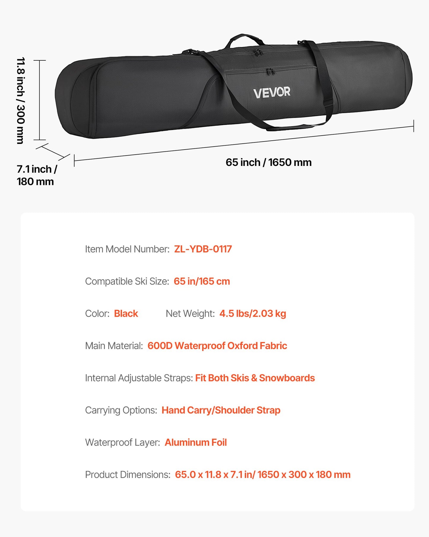 Snowboard Bag, Up to 65 in/165 cm, Padded Skis & Snowboards Bag for Air Travel, 600D Waterproof Oxford Fabric, with Adjustable Inner Straps, for Skis Poles Goggles Gloves Helmet Boots (Black)