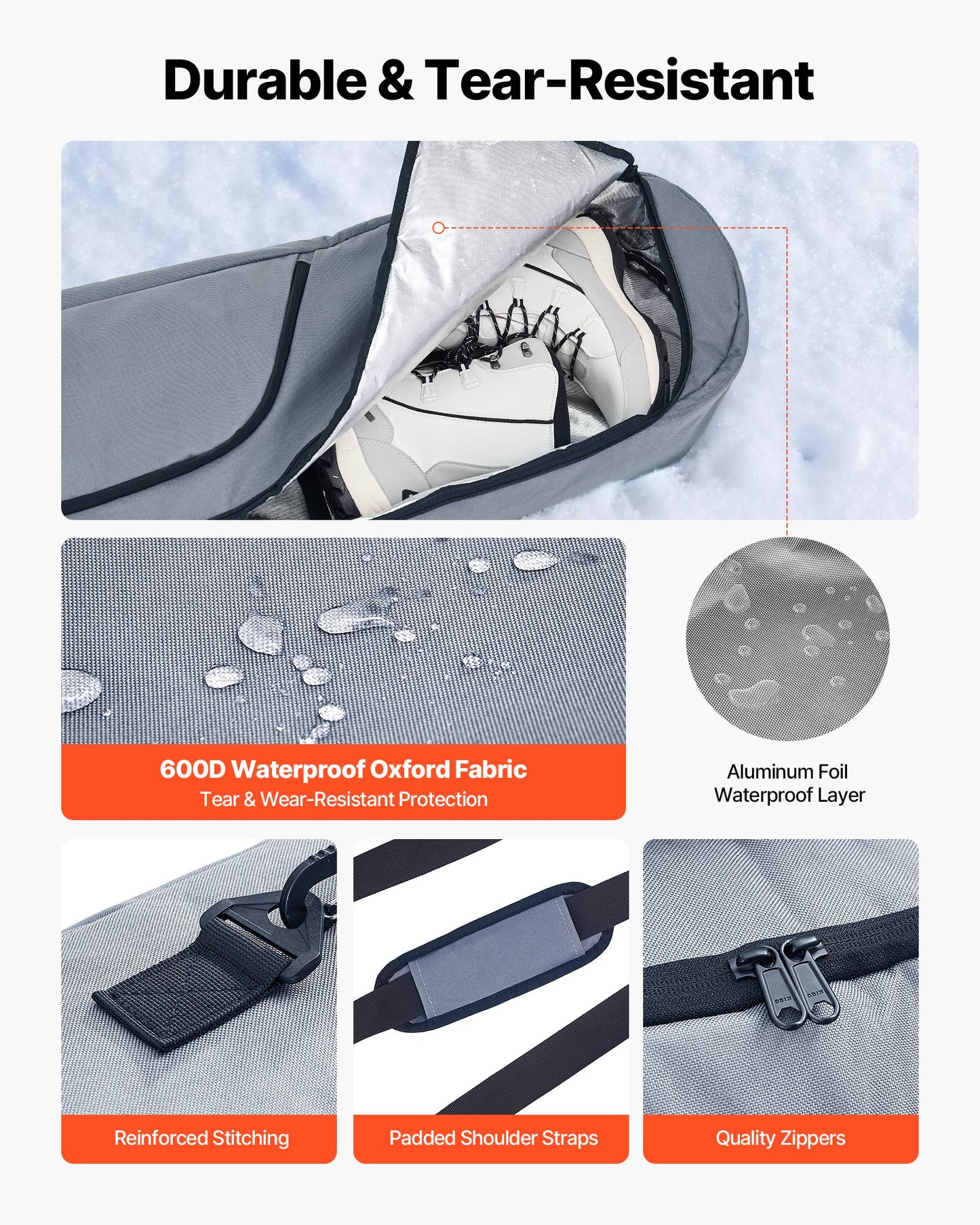 Snowboardväska, upp till 165 cm, vadderad skid- och snowboardväska för flygresor, 600D vattentät oxfordväv, med justerbara innerremmar, för skidstavar, skyddsglasögon, handskar, hjälm, stövlar (grå)