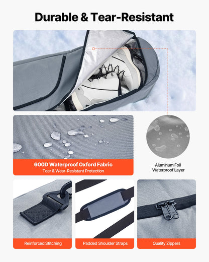 Snowboardväska, upp till 165 cm, vadderad skid- och snowboardväska för flygresor, 600D vattentät oxfordväv, med justerbara innerremmar, för skidstavar, skyddsglasögon, handskar, hjälm, stövlar (grå)