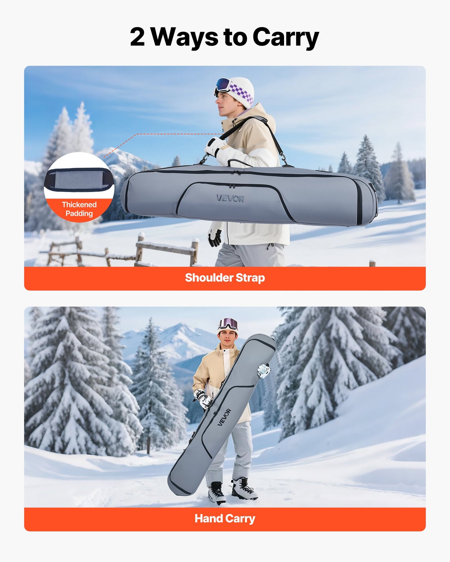 Snowboardväska, upp till 165 cm, vadderad skid- och snowboardväska för flygresor, 600D vattentät oxfordväv, med justerbara innerremmar, för skidstavar, skyddsglasögon, handskar, hjälm, stövlar (grå)