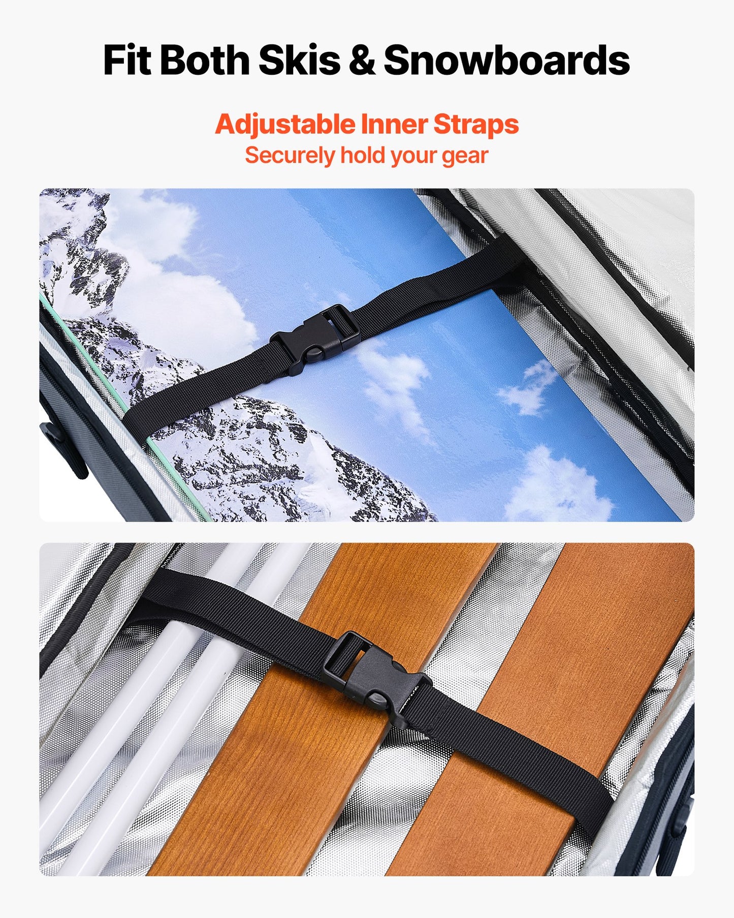 Snowboardväska, upp till 165 cm, vadderad skid- och snowboardväska för flygresor, 600D vattentät oxfordväv, med justerbara innerremmar, för skidstavar, skyddsglasögon, handskar, hjälm, stövlar (grå)