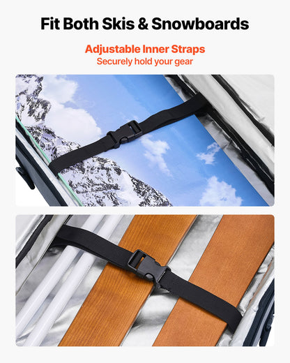 Snowboardväska, upp till 165 cm, vadderad skid- och snowboardväska för flygresor, 600D vattentät oxfordväv, med justerbara innerremmar, för skidstavar, skyddsglasögon, handskar, hjälm, stövlar (grå)