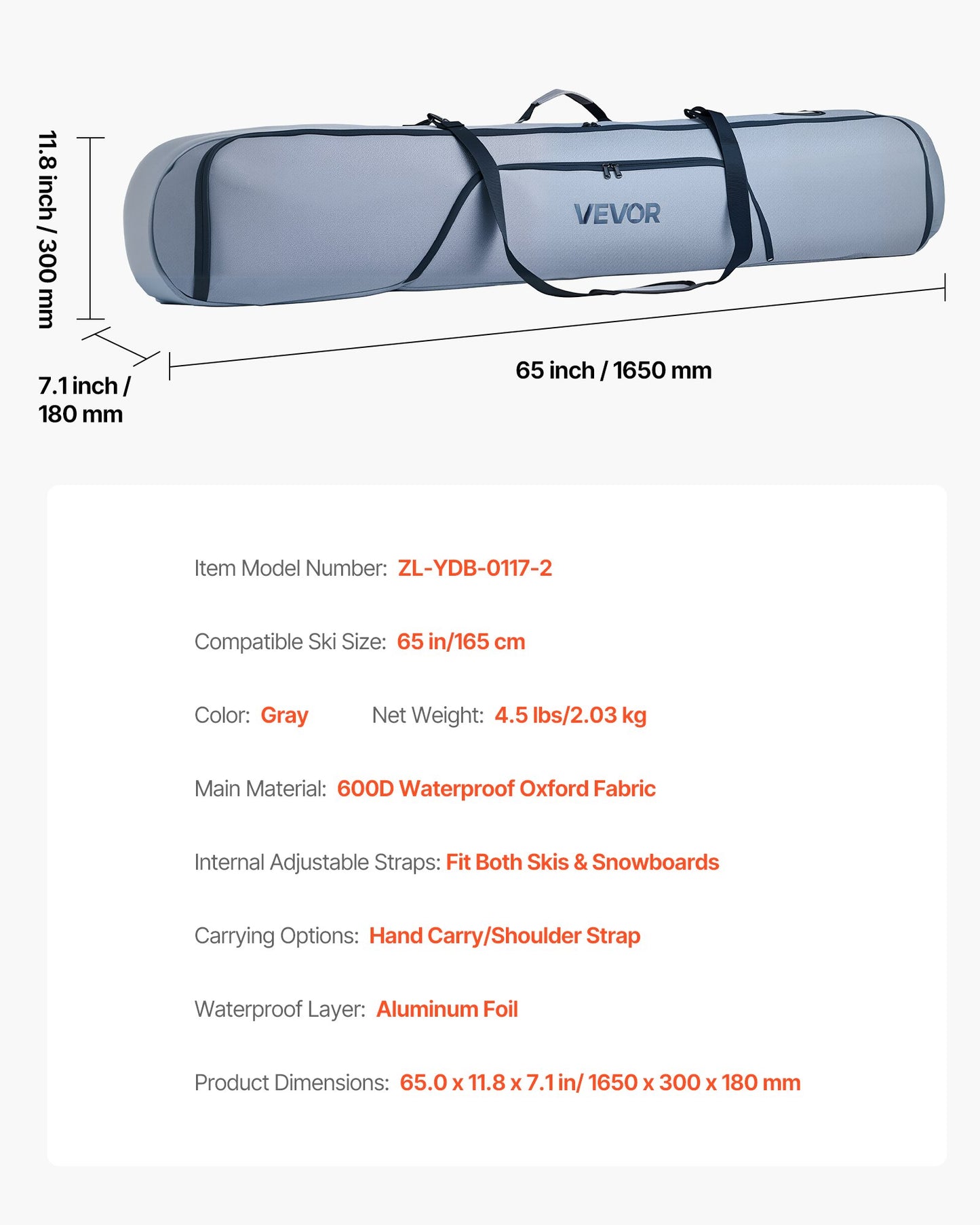 Snowboardväska, upp till 165 cm, vadderad skid- och snowboardväska för flygresor, 600D vattentät oxfordväv, med justerbara innerremmar, för skidstavar, skyddsglasögon, handskar, hjälm, stövlar (grå)