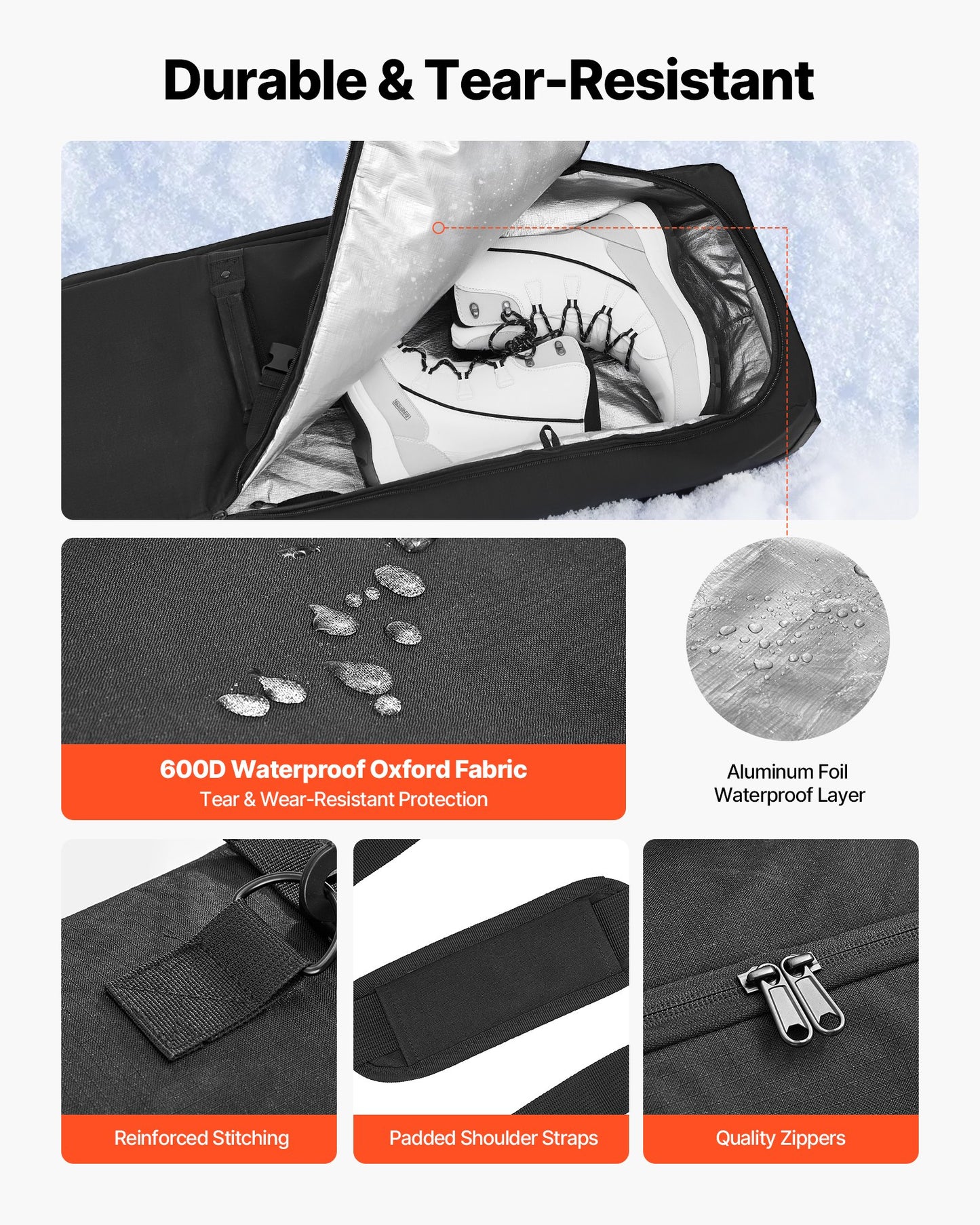 Ski Roller Bag, Up to 68.9 in/175 cm, Padded Snowboard Bag with Wheels for Air Travel, 600D Waterproof Oxford Fabric, with Adjustable Straps, for Skis Poles Goggles Gloves Helmet Boots (Black)