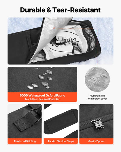 Ski Roller Bag, Up to 68.9 in/175 cm, Padded Snowboard Bag with Wheels for Air Travel, 600D Waterproof Oxford Fabric, with Adjustable Straps, for Skis Poles Goggles Gloves Helmet Boots (Black)