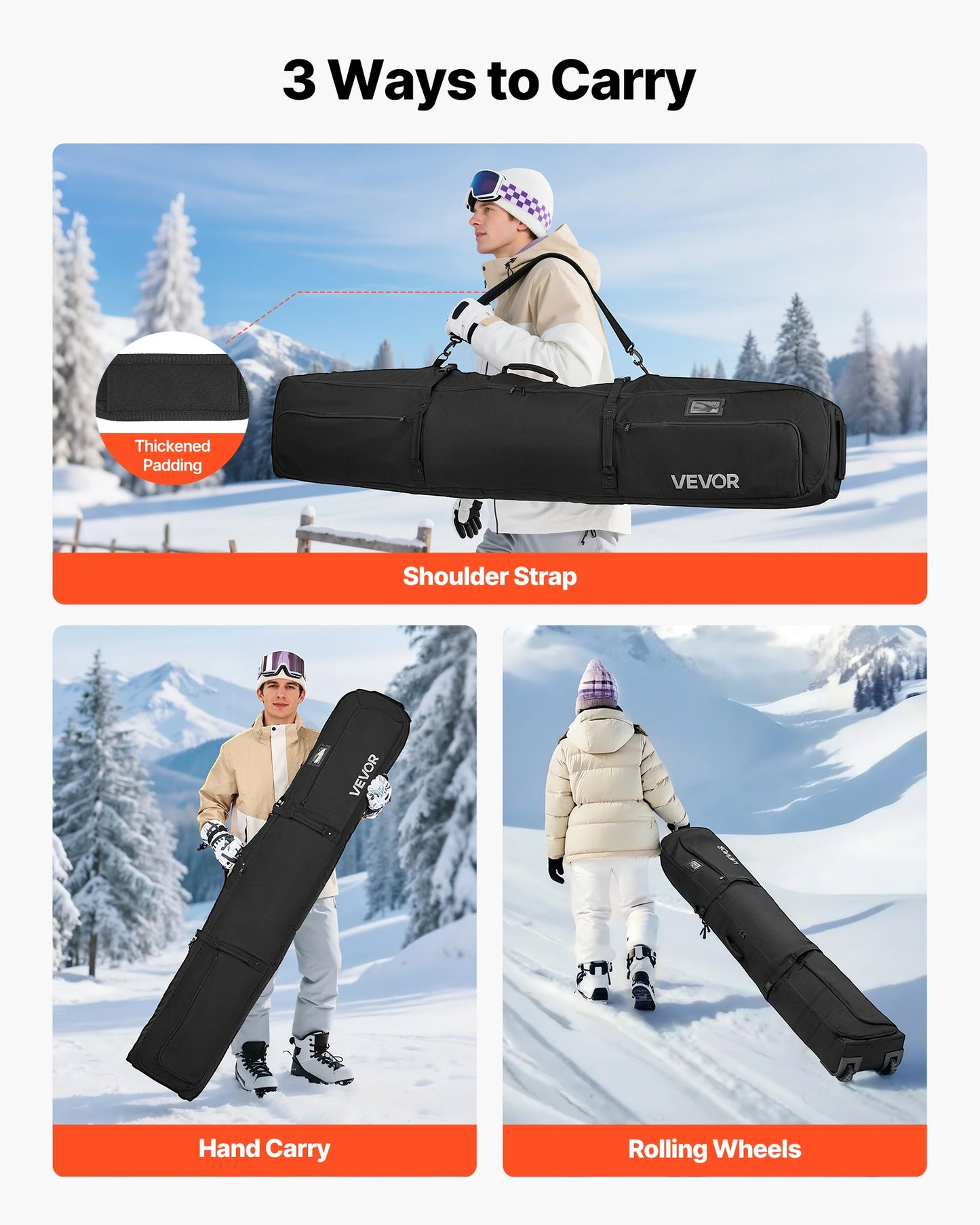 Ski Roller Bag, Up to 68.9 in/175 cm, Padded Snowboard Bag with Wheels for Air Travel, 600D Waterproof Oxford Fabric, with Adjustable Straps, for Skis Poles Goggles Gloves Helmet Boots (Black)