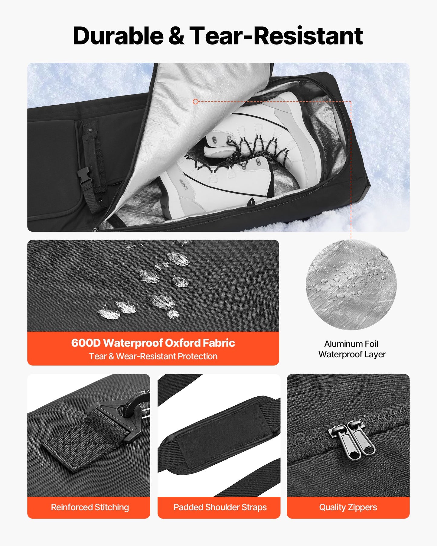 Ski Roller Bag, Up to 74.8 in/190 cm, Padded Snowboard Bag with Wheels for Air Travel, 600D Waterproof Oxford Fabric, with Adjustable Straps, for Skis Poles Goggles Gloves Helmet Boots (Black)