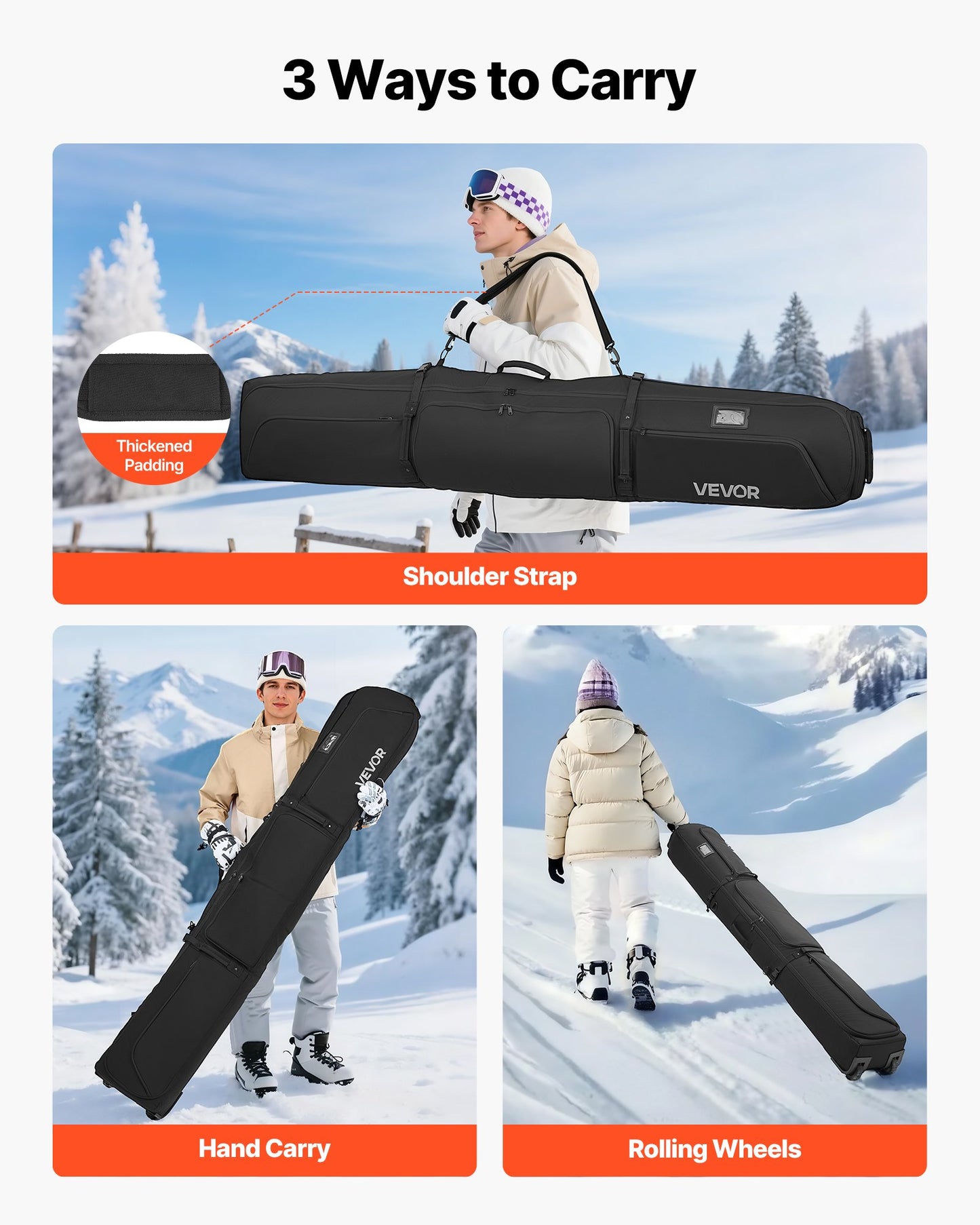 Ski Roller Bag, Up to 74.8 in/190 cm, Padded Snowboard Bag with Wheels for Air Travel, 600D Waterproof Oxford Fabric, with Adjustable Straps, for Skis Poles Goggles Gloves Helmet Boots (Black)