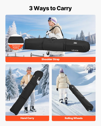 Ski Roller Bag, Up to 74.8 in/190 cm, Padded Snowboard Bag with Wheels for Air Travel, 600D Waterproof Oxford Fabric, with Adjustable Straps, for Skis Poles Goggles Gloves Helmet Boots (Black)