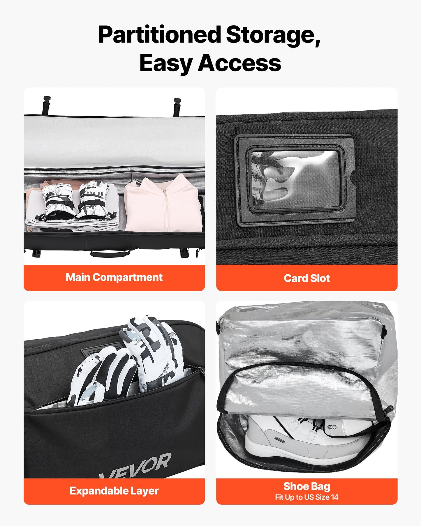 Ski Roller Bag, Up to 74.8 in/190 cm, Padded Snowboard Bag with Wheels for Air Travel, 600D Waterproof Oxford Fabric, with Adjustable Straps, for Skis Poles Goggles Gloves Helmet Boots (Black)